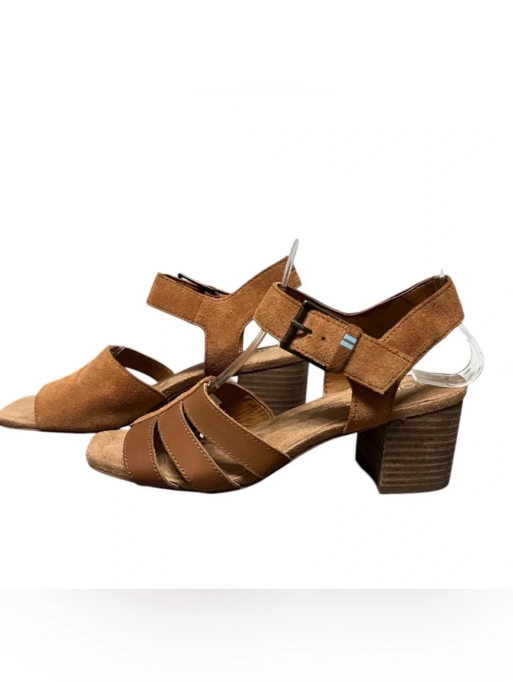 Toms Estella Suede Leather Brown Block Heel Sandal Open Toe Ankle Strap Buckle 6